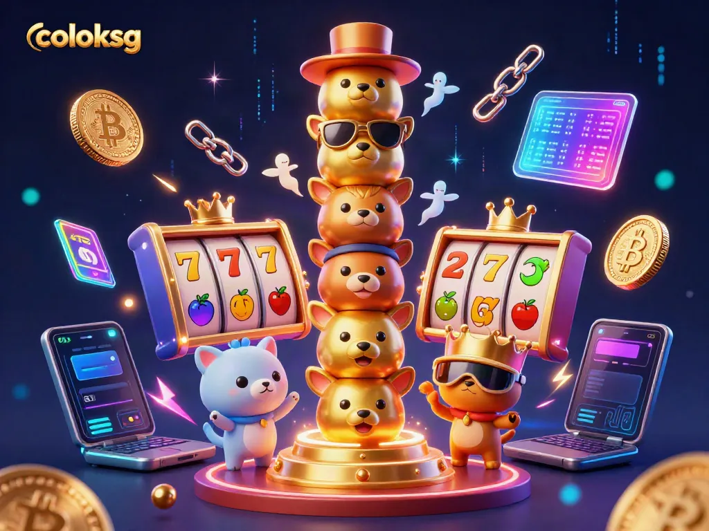 Coloksg menampilkan pengalaman slot yang menarik dengan simbol keberuntungan di sekelilingnya.