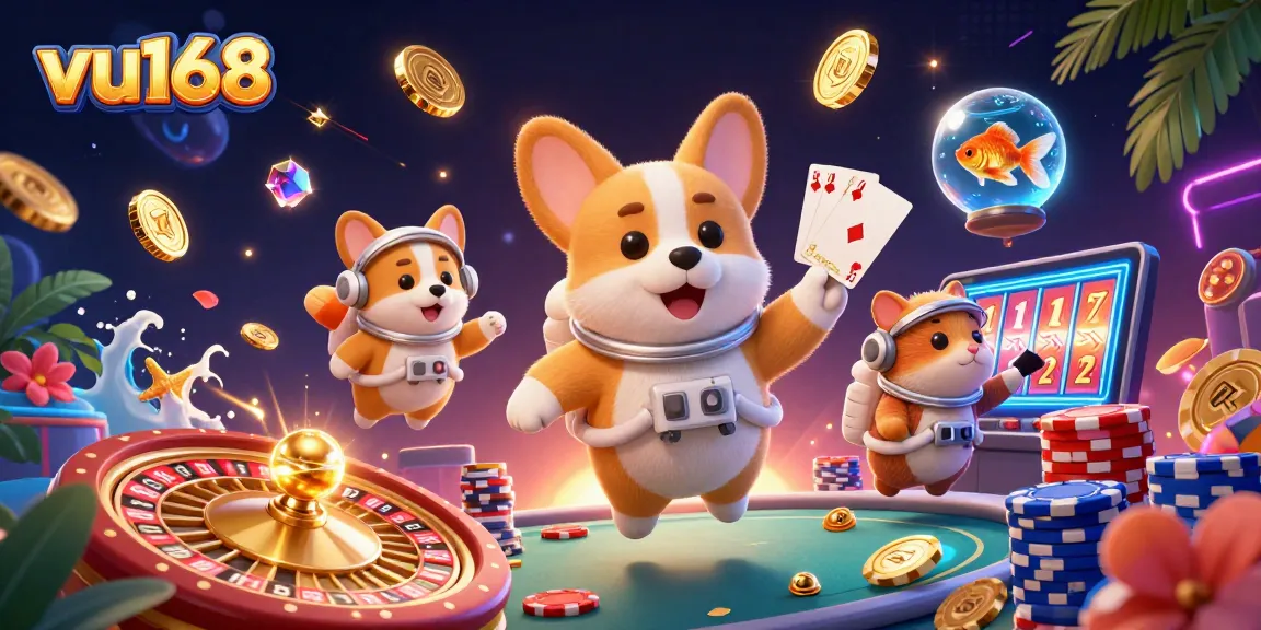 Experience the thrilling world of vu168 with this dynamic 3D casino illustration featuring unique characters and game elements.