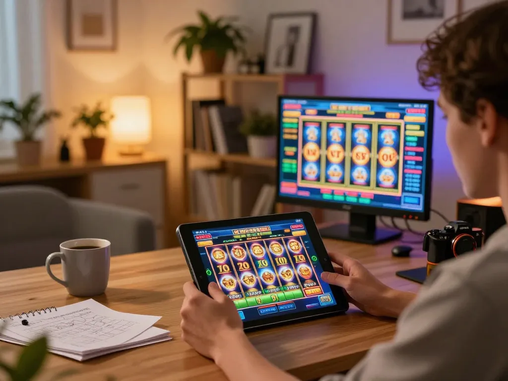 Engaging in thrilling slot online gameplay on a tablet in a cozy setting.