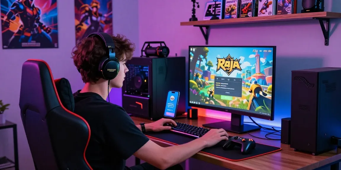 Engage in Raja Game login with a focused gamer at a vibrant setup featuring colorful RGB lights, gaming gear, and excitement.
