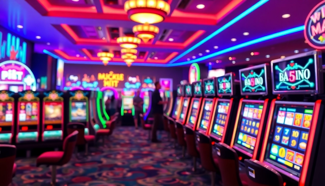 Slot Game menarik di kasino dengan mesin slot bercahaya dan ramai pengunjung.