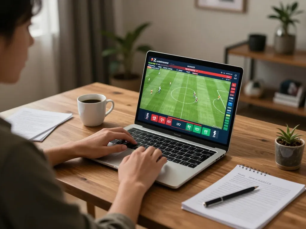 Engaging in online sports betting on VN789, displaying live odds and notes on a cozy desk setup.
