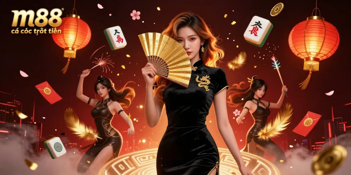 Tham gia m88 cá cược trực tuyến với một người phụ nữ châu Á cuốn hút giữa những yếu tố sòng bạc sống động.