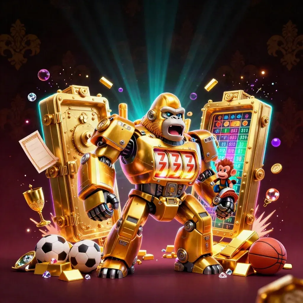 Golden gorilla mech erupts from a vault with a monkey pilot, treasure, cyan glow, and casino sports props.