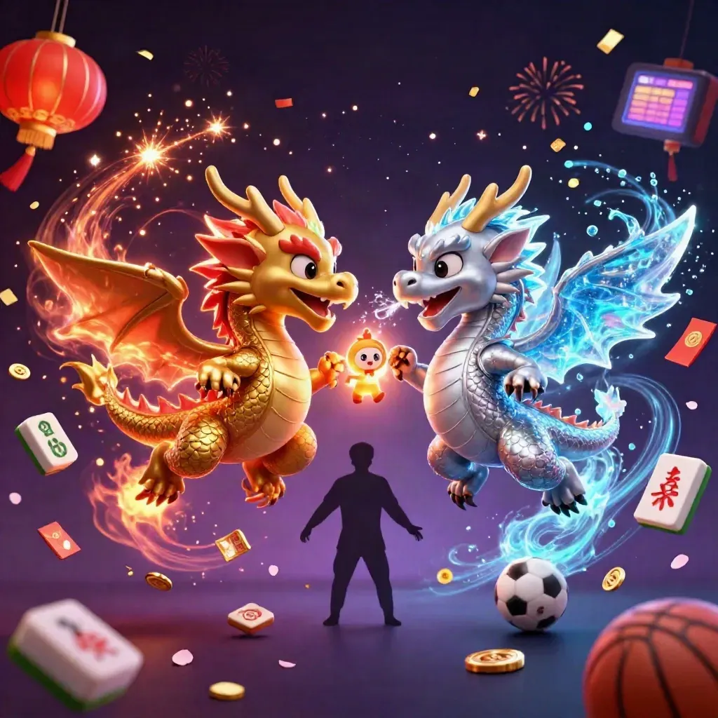 Twin gold and silver dragons clash midair amid casino-style magical bursts and sports props.