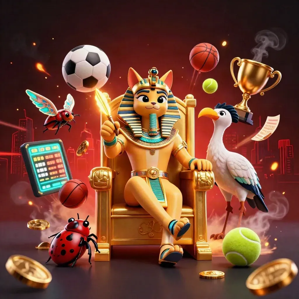Pharaoh cat, ibis scribe, and scarab beetles amid casino sports lights and gold in a dark neon arena