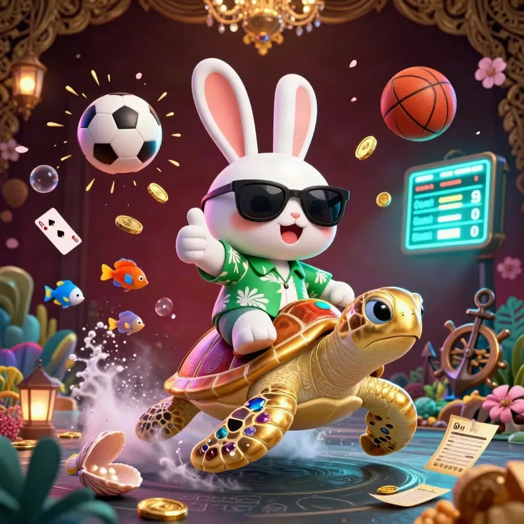 Lucky rabbit rides a jeweled sea turtle through gold coins, cards, coral, and glowing sports icons.