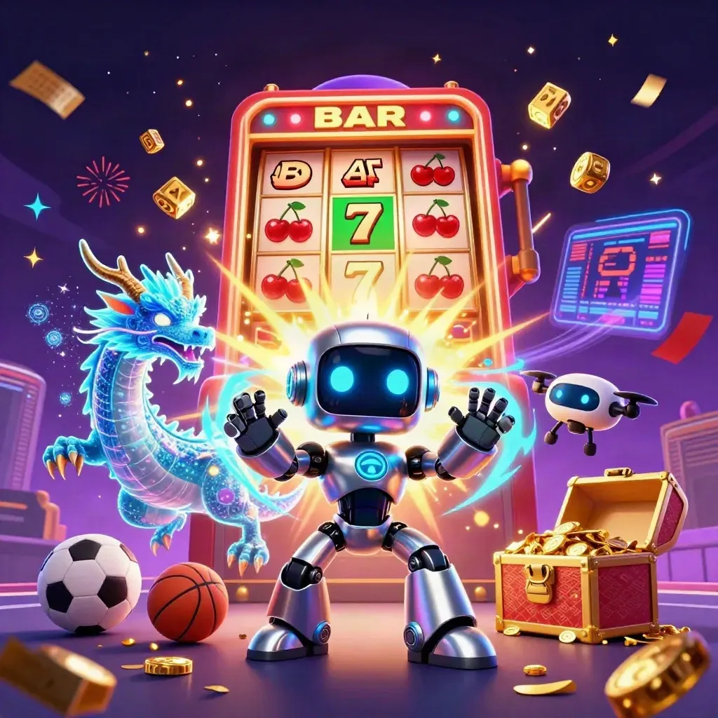 Cyberpunk robot, hologram dragon, drone, exploding slot machine, gold, confetti, starfield