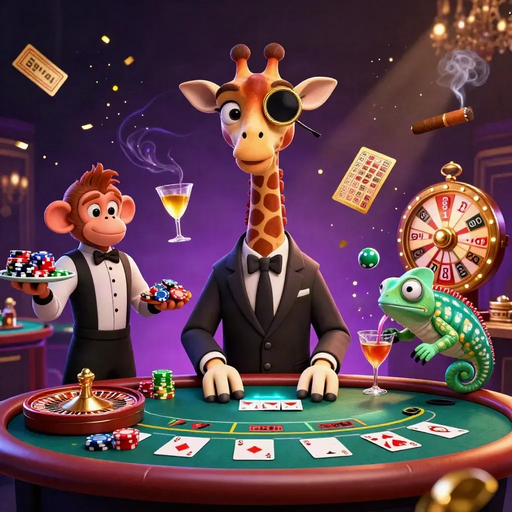 Giraffe, monkey, and chameleon in a neon casino with spinning wheels and glowing cards