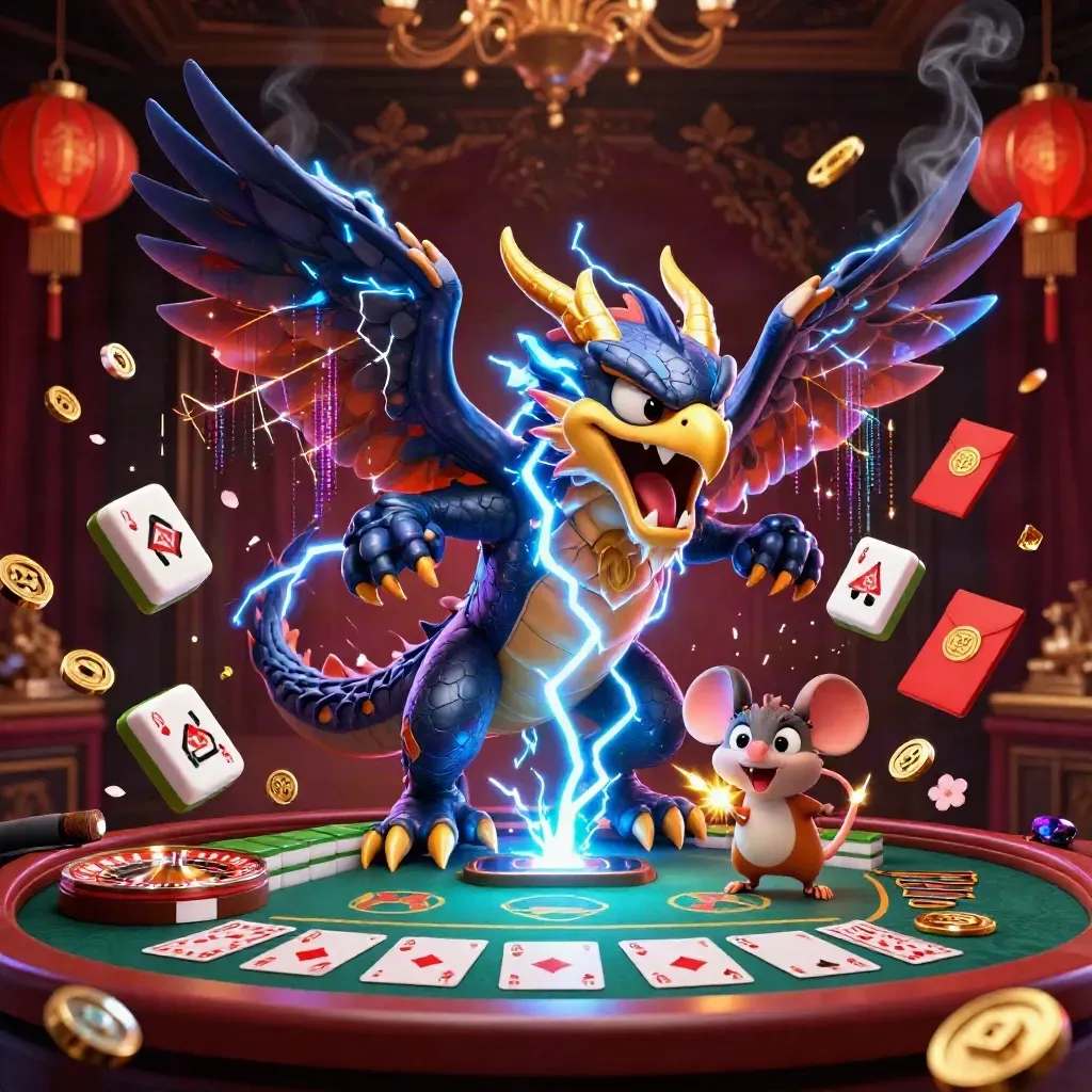 Thunder dragon, winged hawk, and spark mouse over luxe casino table with lanterns and neon lightning