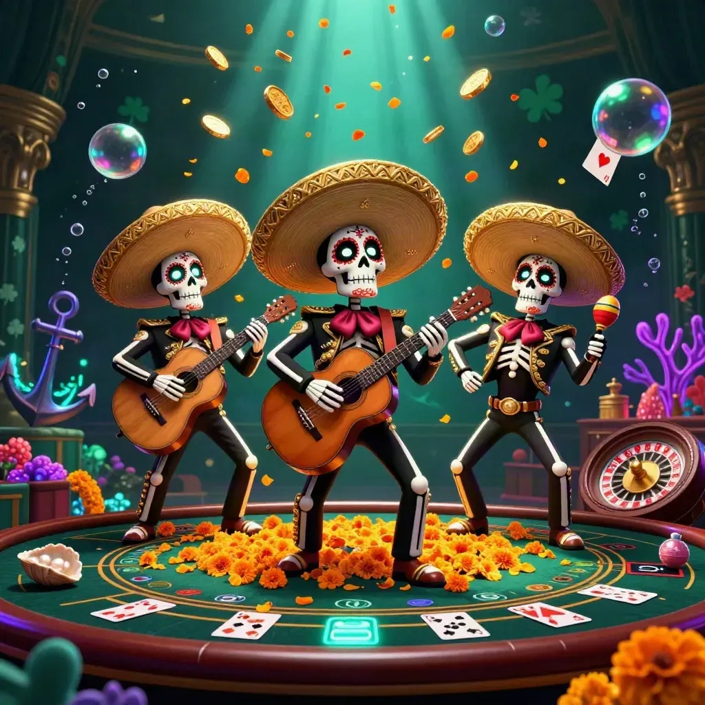 Skeleton mariachi trio in a glowing underwater casino cove with coins, coral, and roulette wheel.