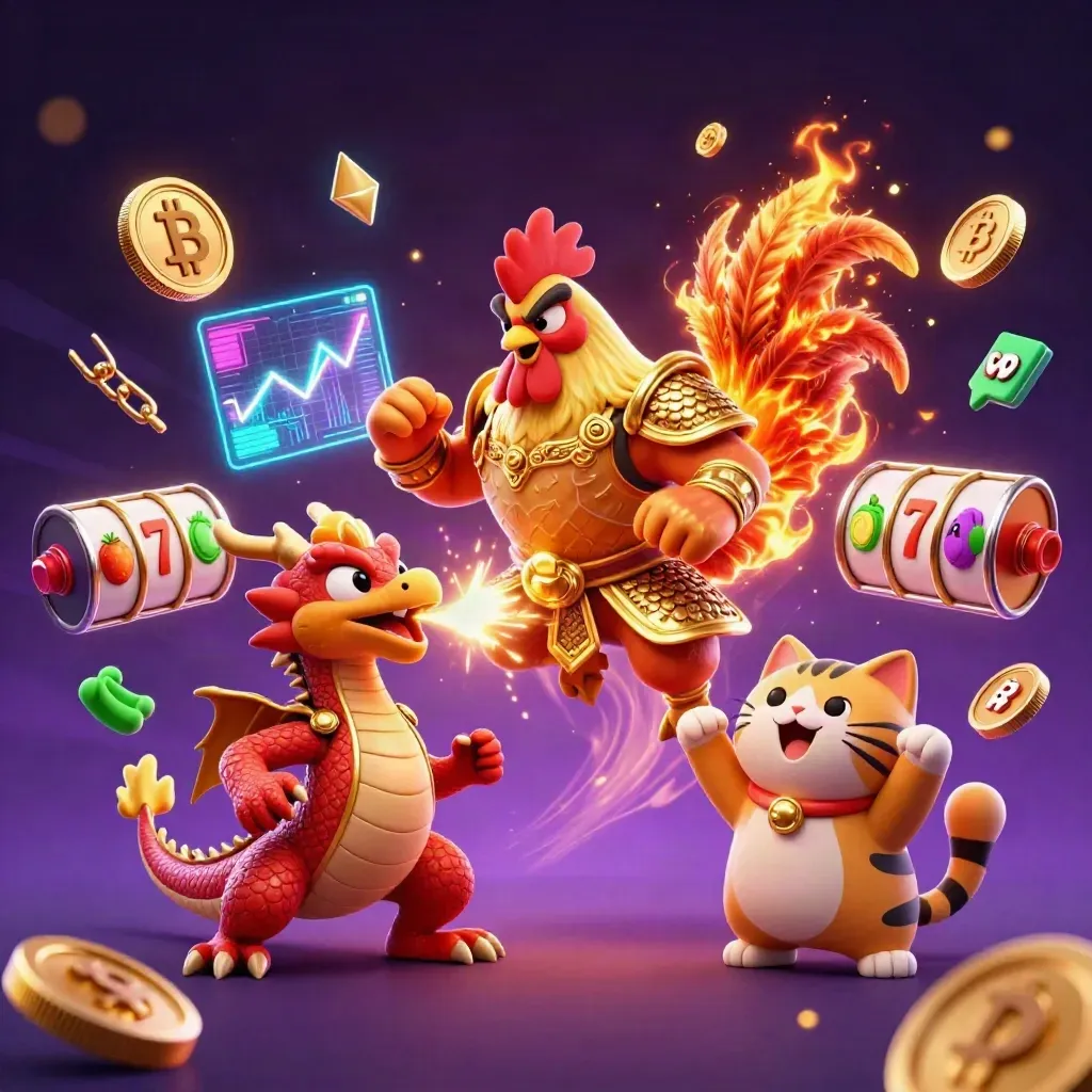 Neon casino rooster warrior, spark-breathing dragon hatchling, and cheering fortune cat amid crypto effects.