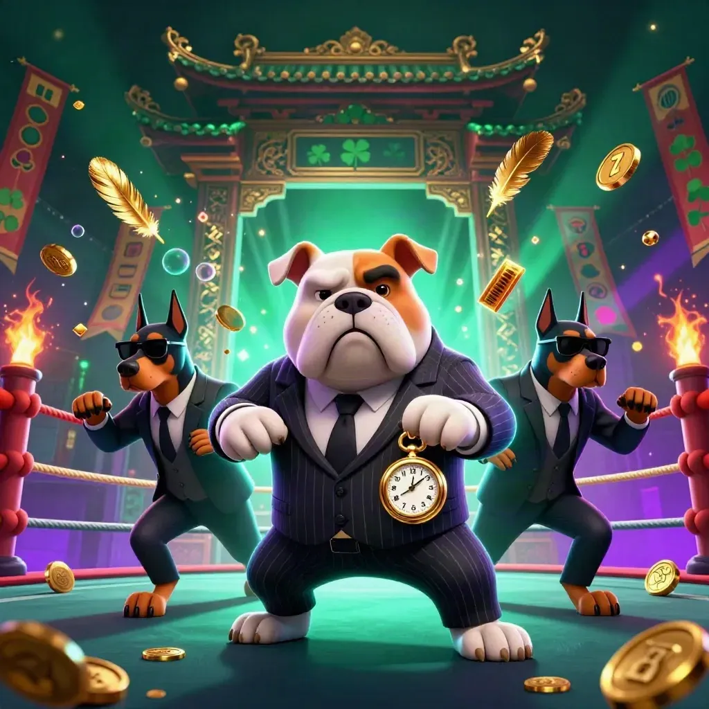 Bulldog boss and two suited Dobermans amid neon casino chaos in a temple ring.
