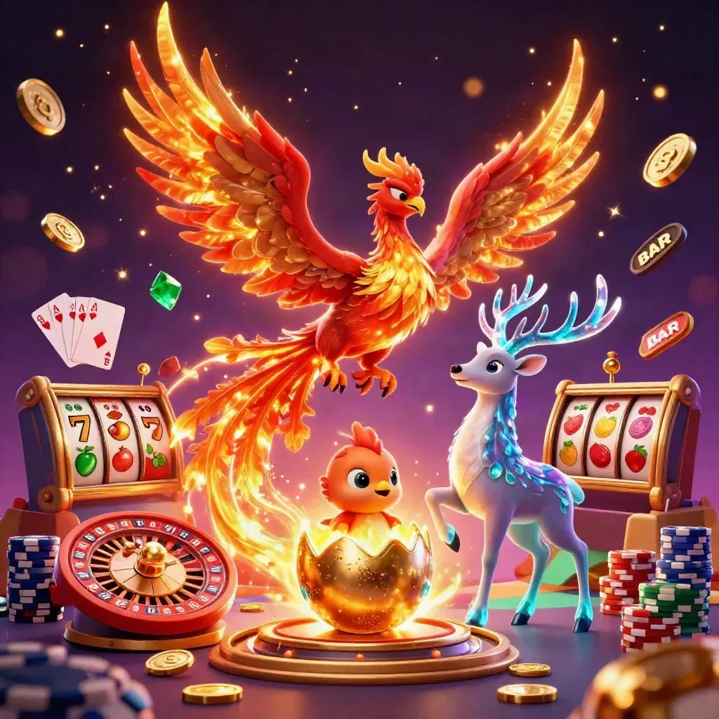 Phoenix, hatchling, and crystal stag amid casino treasures in neon gold and cyan.