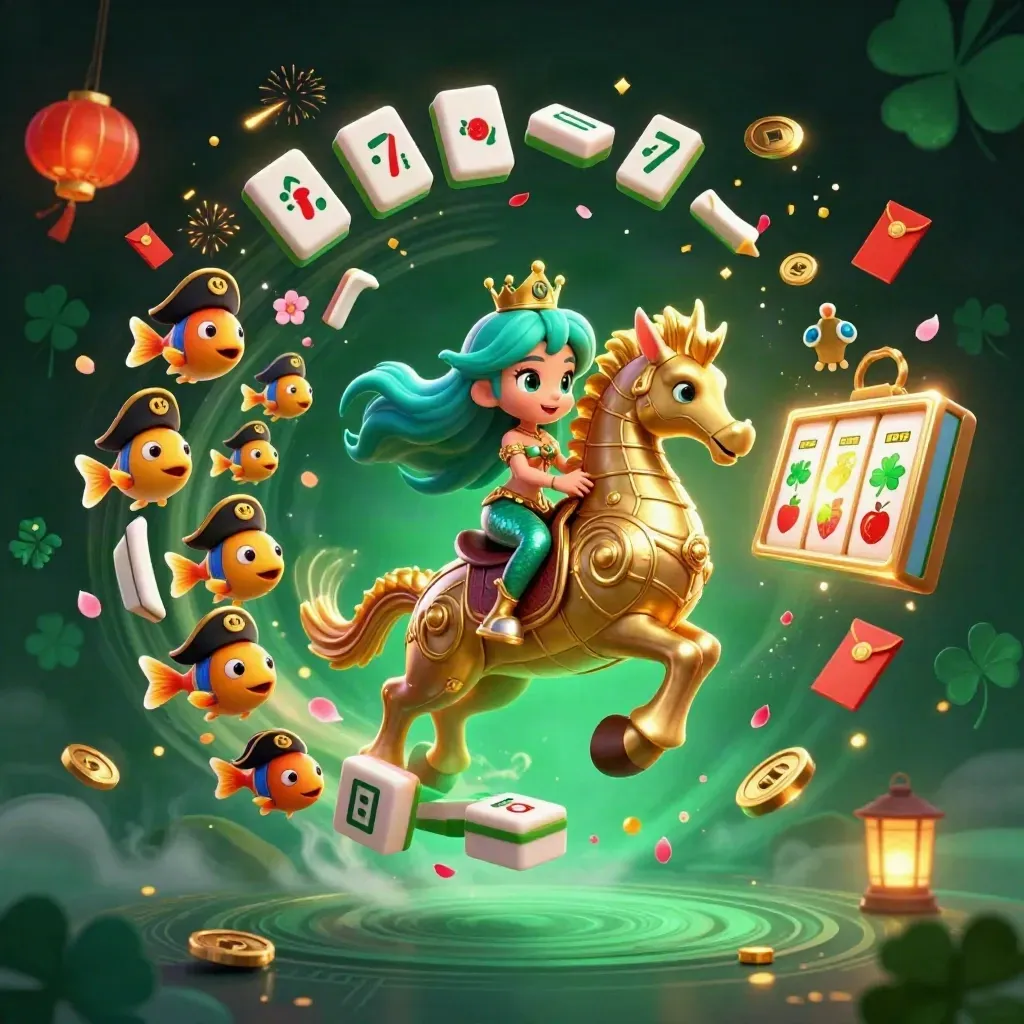 Mermaid princess on seahorse amid casino charms, lanterns, petals, and glowing neon treasure.