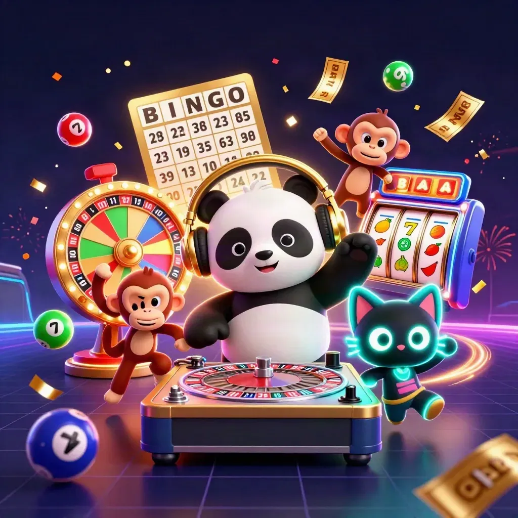 DJ panda, breakdancing monkey, and glow-stick kitten amid neon casino fireworks