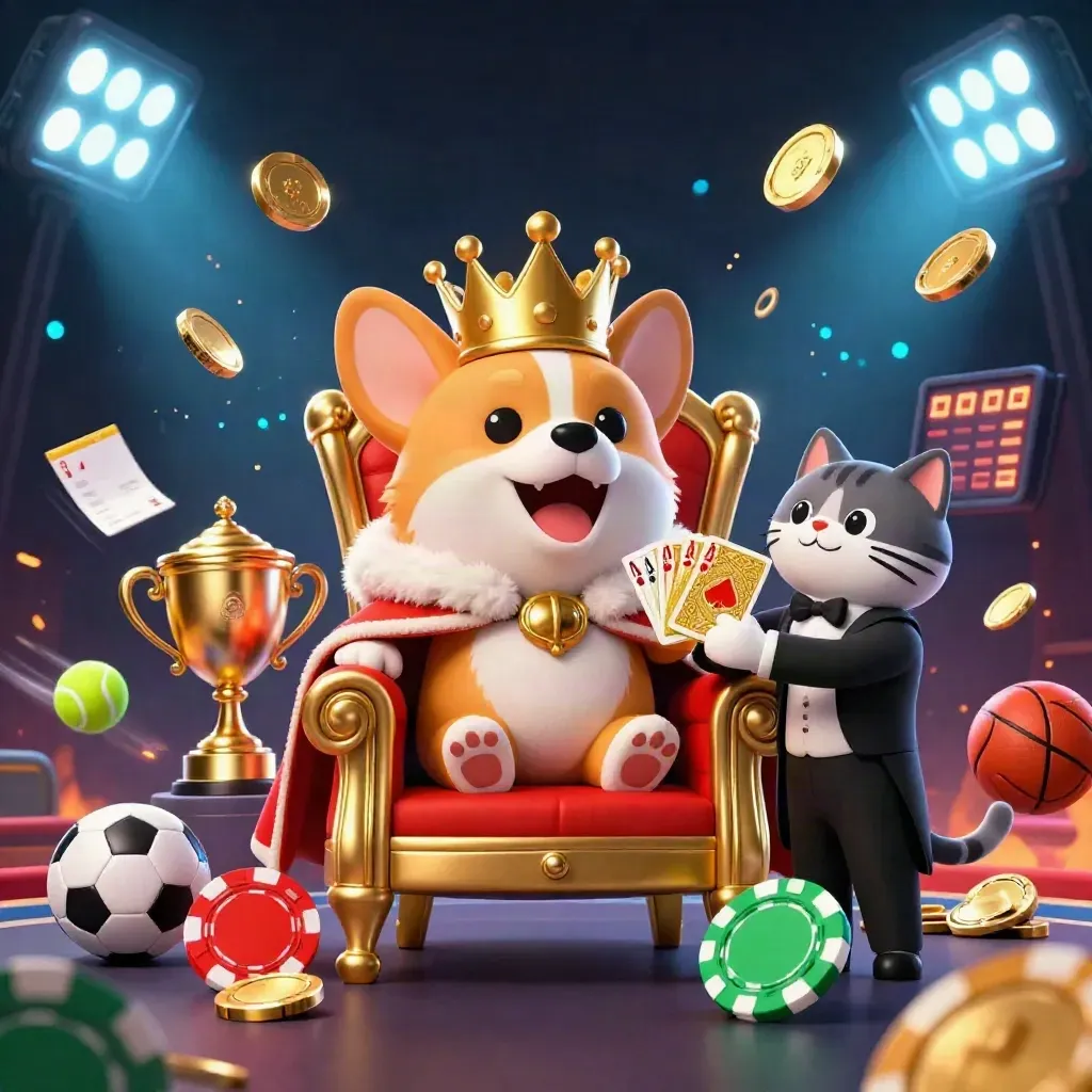 Royal corgi and cat butler amid coins, fireworks, sports balls and casino glow.
