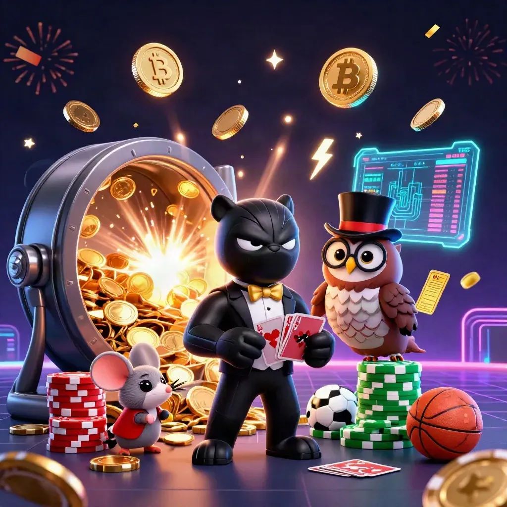Panther, owl, and mouse amid coins, fireworks, chips, and neon casino effects.