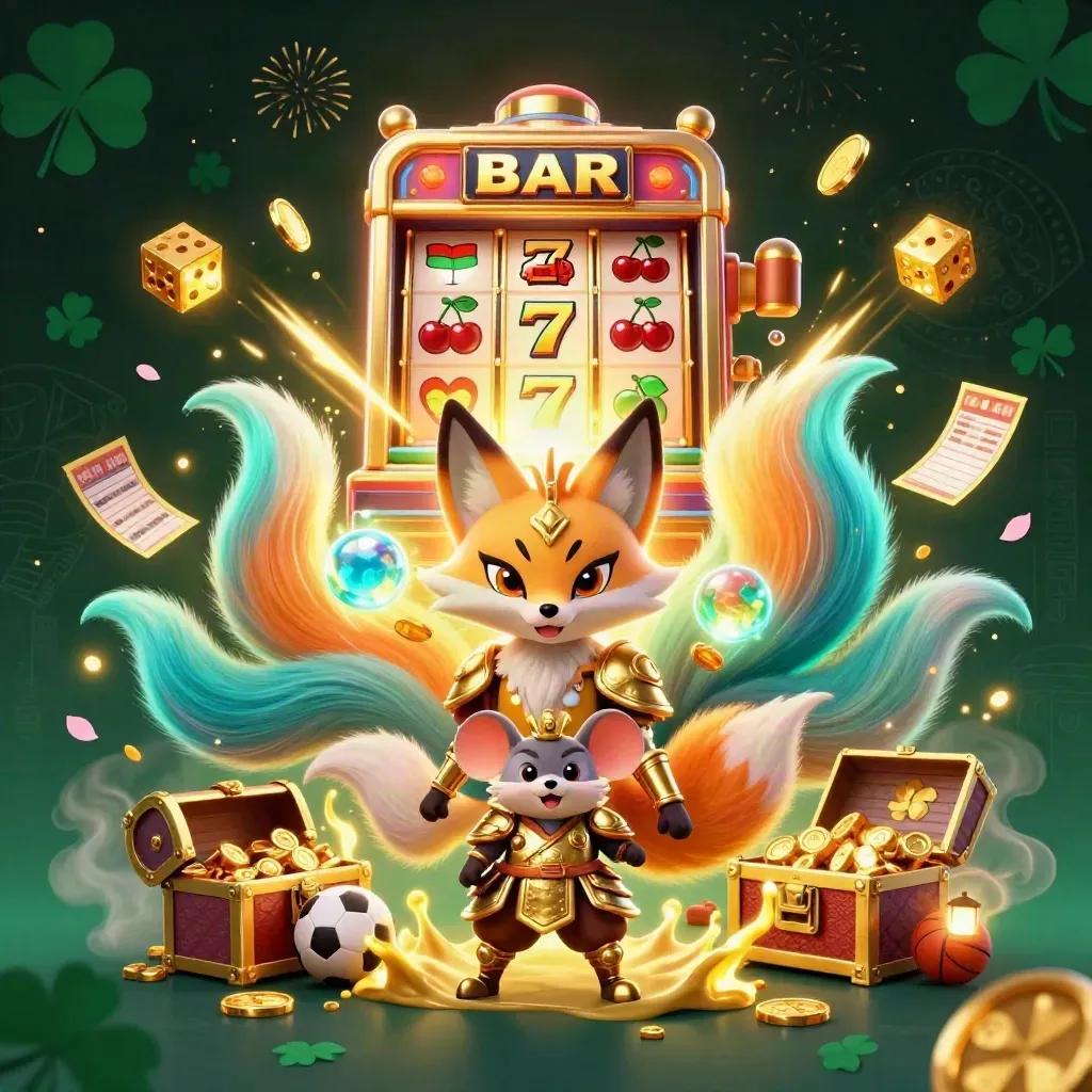 Neon fox spirit and armored mouse amid casino loot, dice, fireworks, and glowing gold.