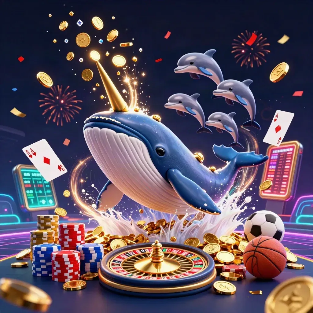 Captain whale, narwhal and dolphins burst from coins, chips, cards and fireworks in neon casino gold.