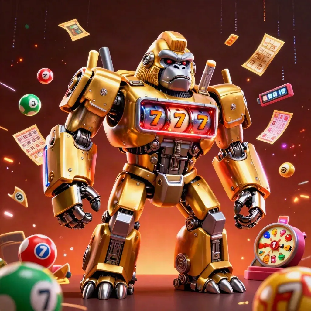 Golden gorilla slot-mech with monkey pilot, reels, prize wheel, and glowing casino effects.