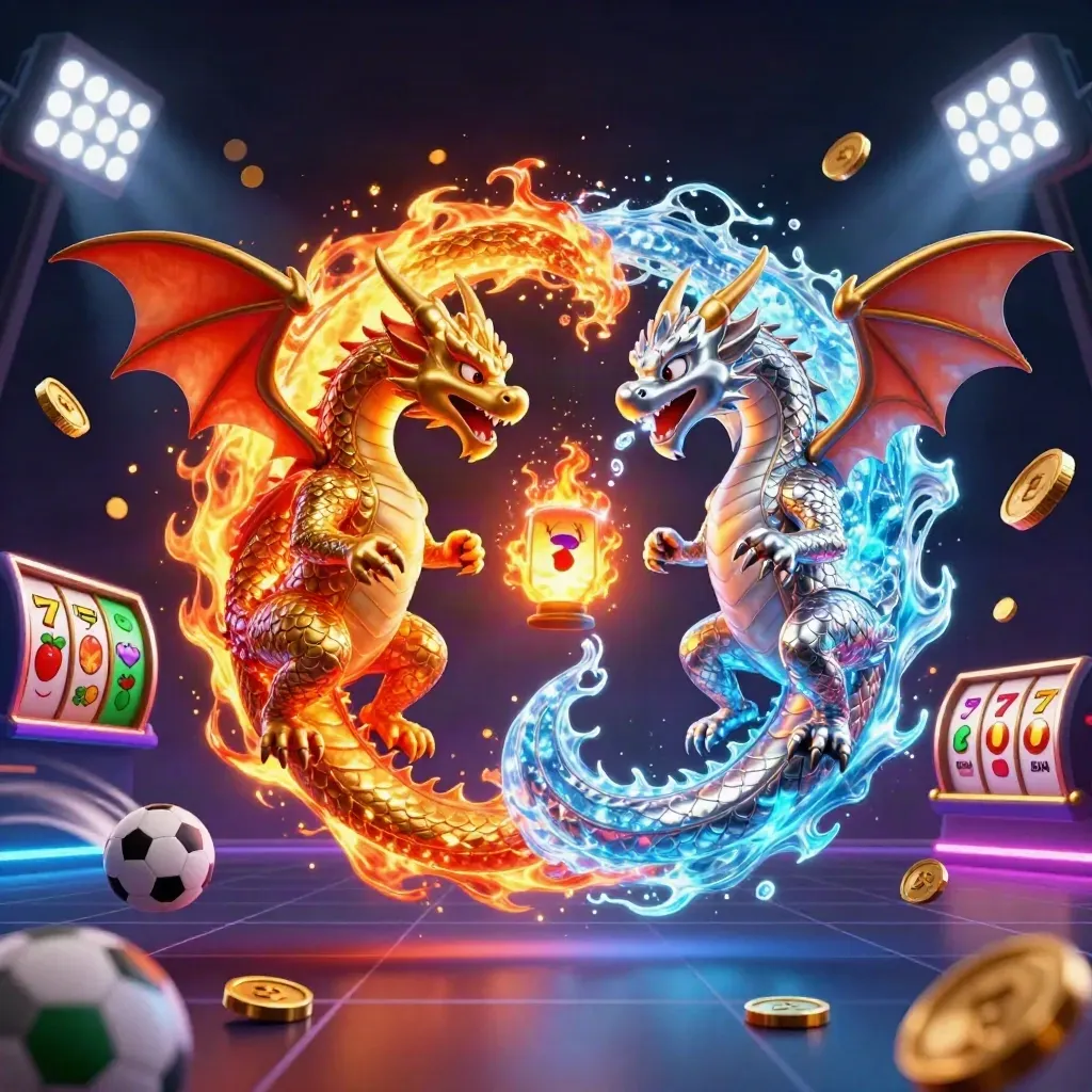 Gold and silver dragons spiral in a neon casino yin-yang with balls, coins, trophy, and slot reels.