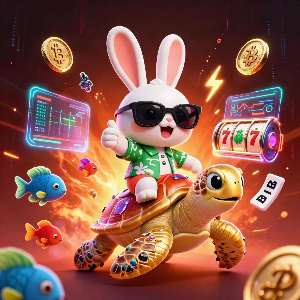 Lucky rabbit rides a gem-shell sea turtle amid neon casino coins, reels, and electric glow.