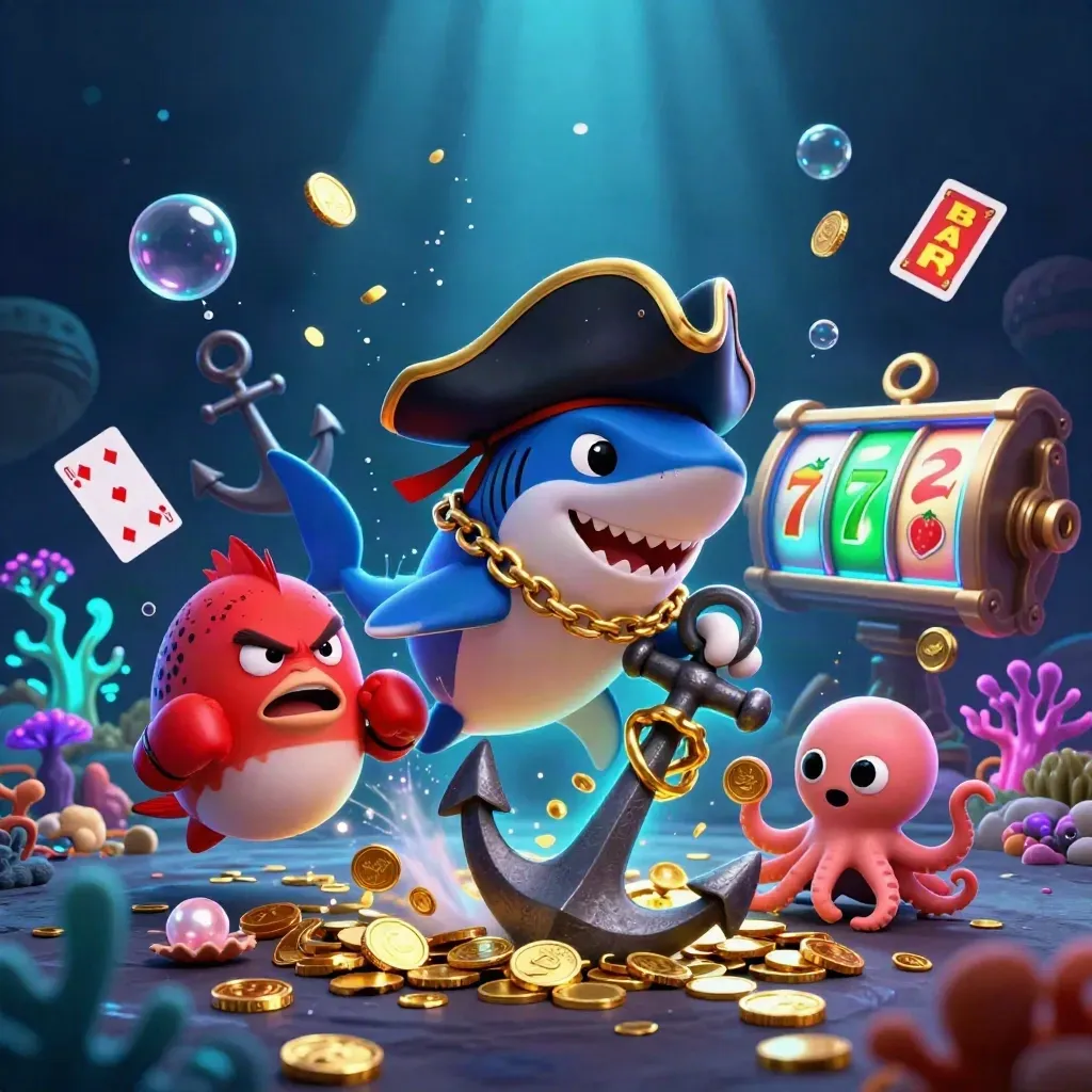 Pirate shark, boxing pufferfish, and coin-juggling octopus in a neon underwater casino
