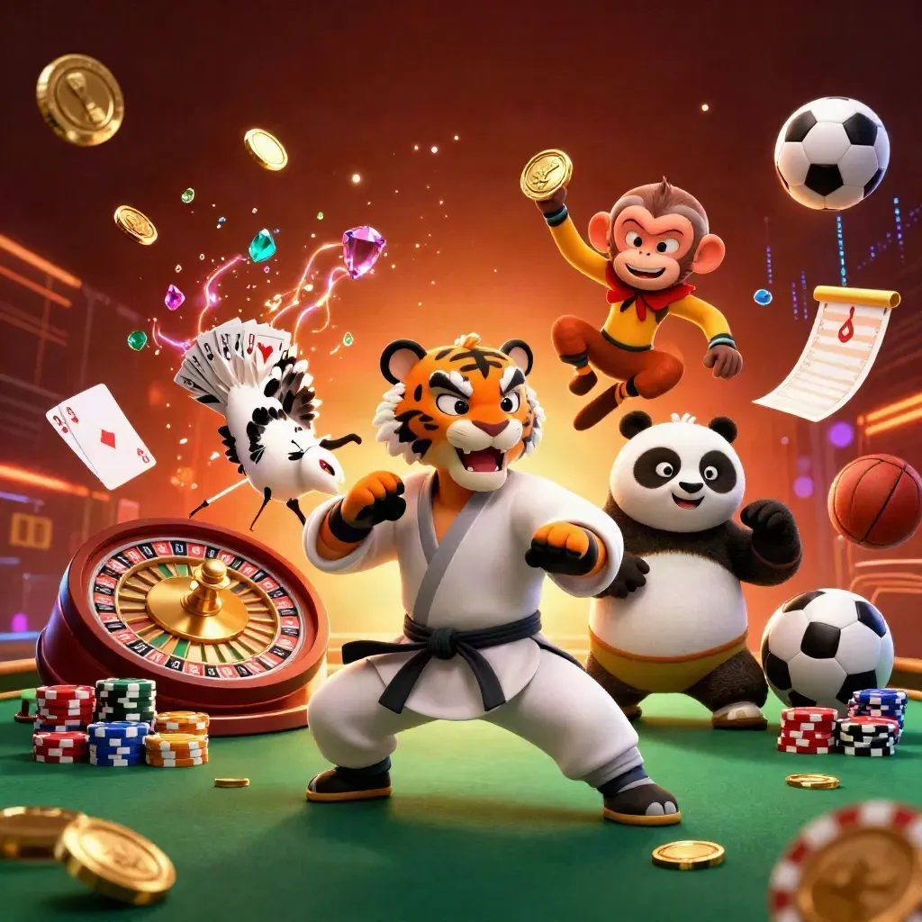 Kung-fu tiger, panda, and monkey amid casino coins, cards, chips, and neon energy.