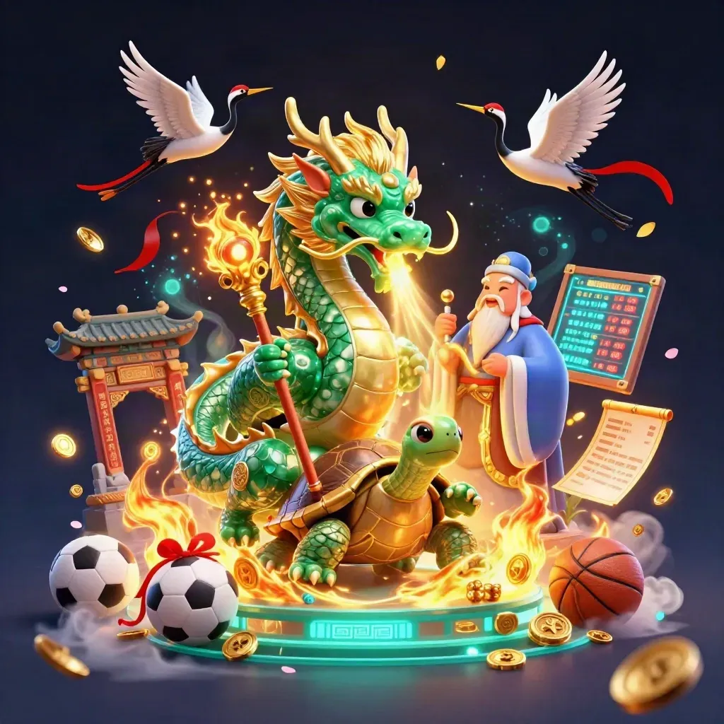 Jade dragon, turtle sage, and cranes in a neon casino arena with gold fire and sparks.