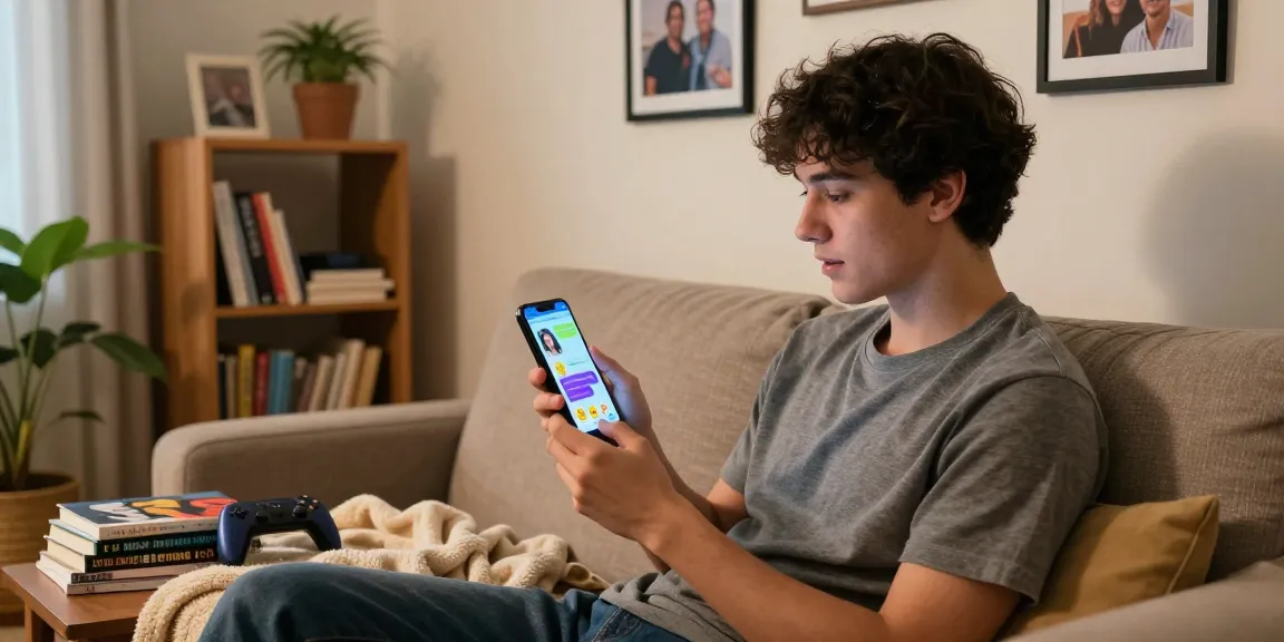 Young man chatting with his AI girlfriend on a smartphone in a cozy living room.