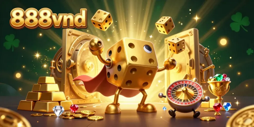 Experience vibrant gameplay with 888vnd showcasing a golden dice golem and abundant treasures.