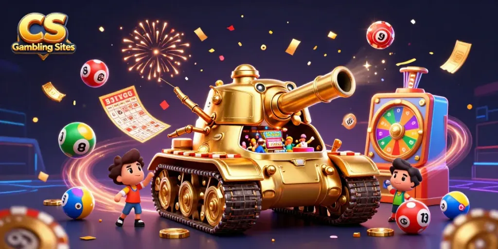 Experience the excitement of CS Gambling Sites in a vibrant 3D casino scene with lively game elements.