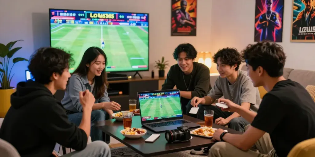 Friends enjoying live betting on lotus365 in a vibrant gaming atmosphere.