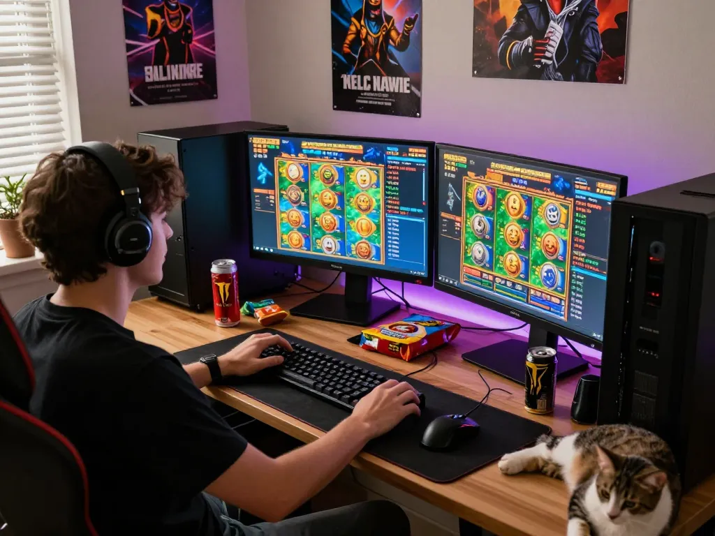 Pengaturan permainan yang menarik dengan grafik cerah permainan slot poka104 dan perangkat gaming di ruangan yang nyaman.