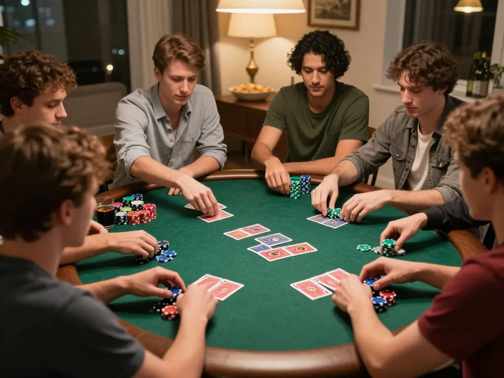 Players enjoying a poker night at home with OK789, showcasing excitement and strategy in a vibrant atmosphere.