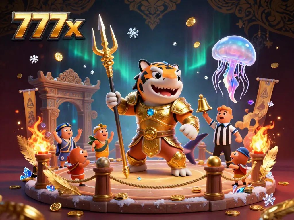 Experience the thrilling underwater battle at 777x casino with a glorious tiger shark and cheering fish.