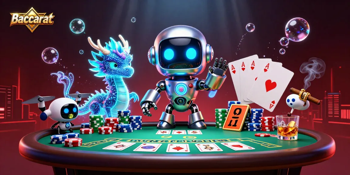 Baccarat casino scene with a cyberpunk robot and AI dragon, vibrant poker setting.