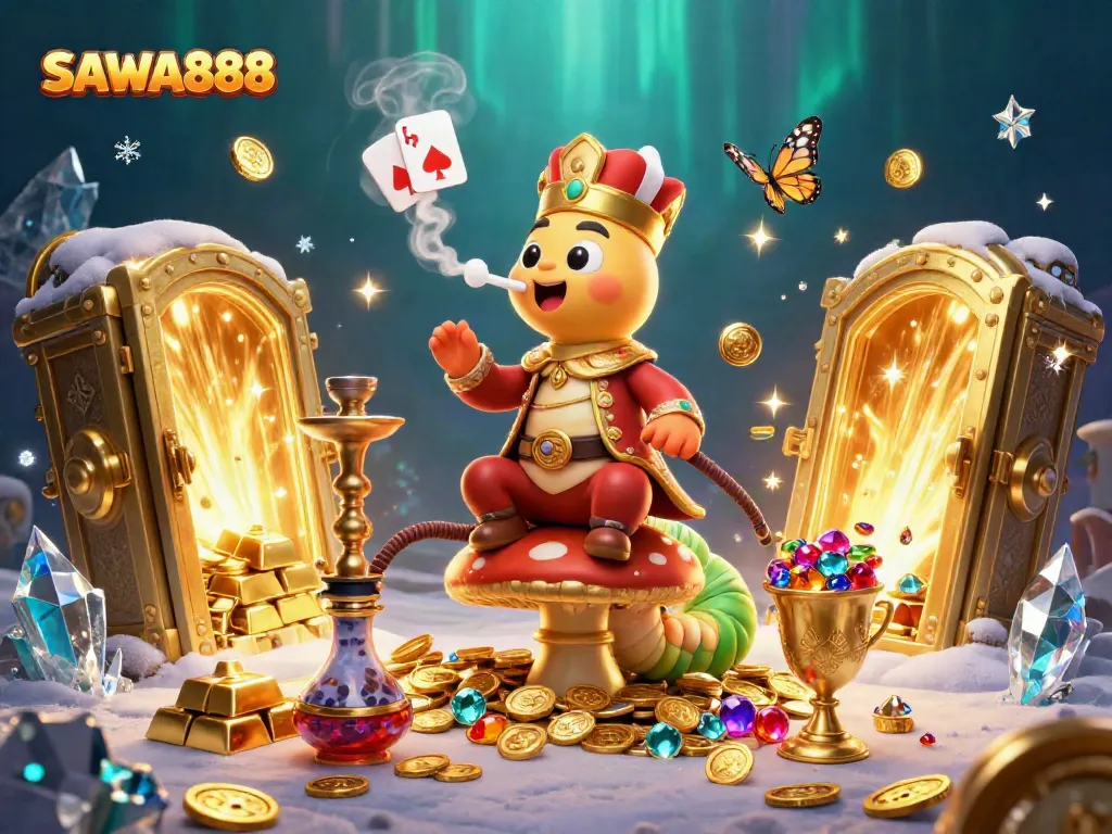 Experience the exciting world of SAWA888 in a vibrant casino scene illustrating poker hands and treasures.