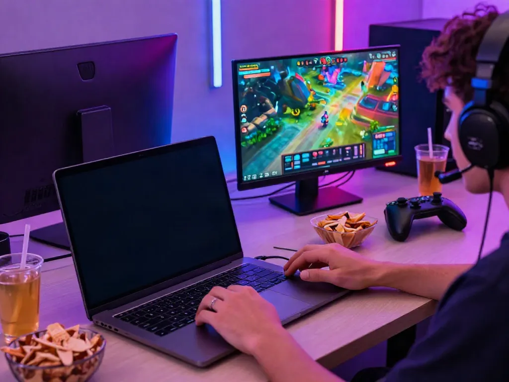 Engaged gamer using the A80 platform with vibrant graphics and gaming accessories.