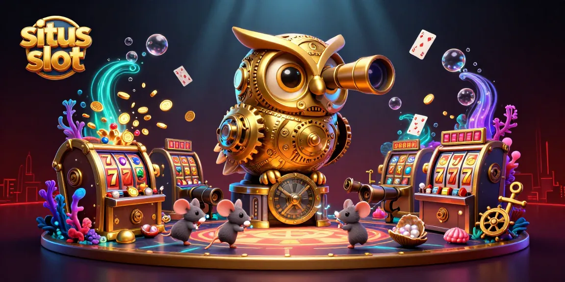 Permainan situs slot yang menarik dengan palang jackpot yang cerah, burung hantu dan karakter kecil dalam suasana kasino.