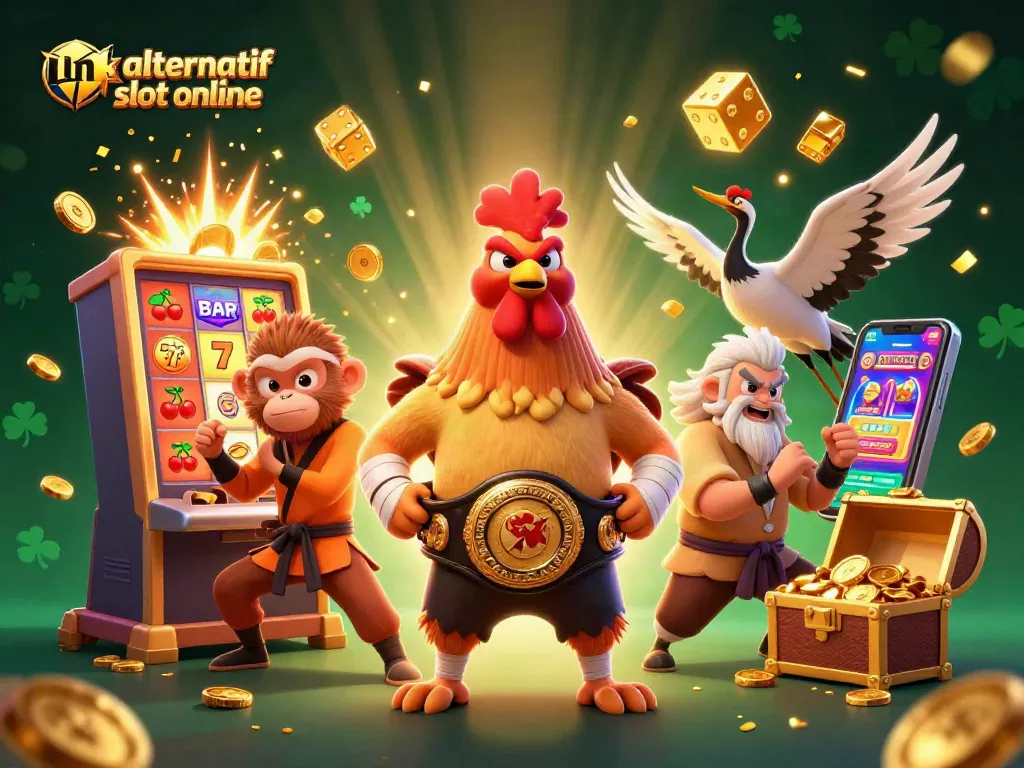 Menangkan jackpot dengan link alternatif slot online yang menampilkan ayam jantan Muay Thai dan simbol kemenangan.