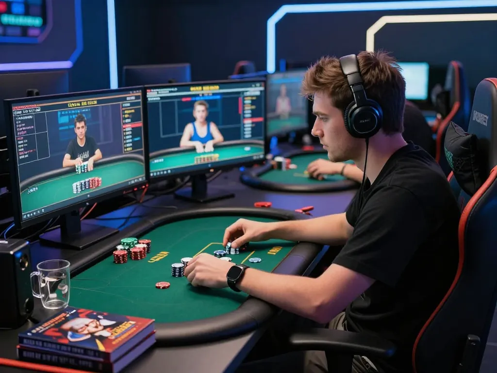 Engaging gameplay on 388bet’s online poker platform with multiple monitors.
