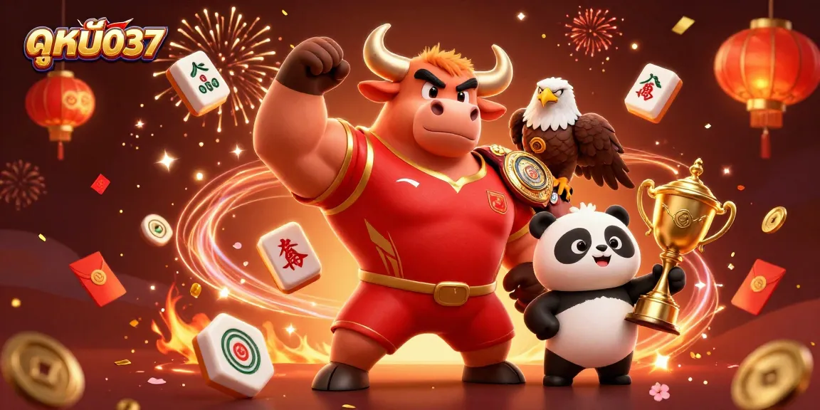 Engage in thrilling bets with ดูหนัง037, featuring a dynamic scene of a bull mascot and eagle champion.