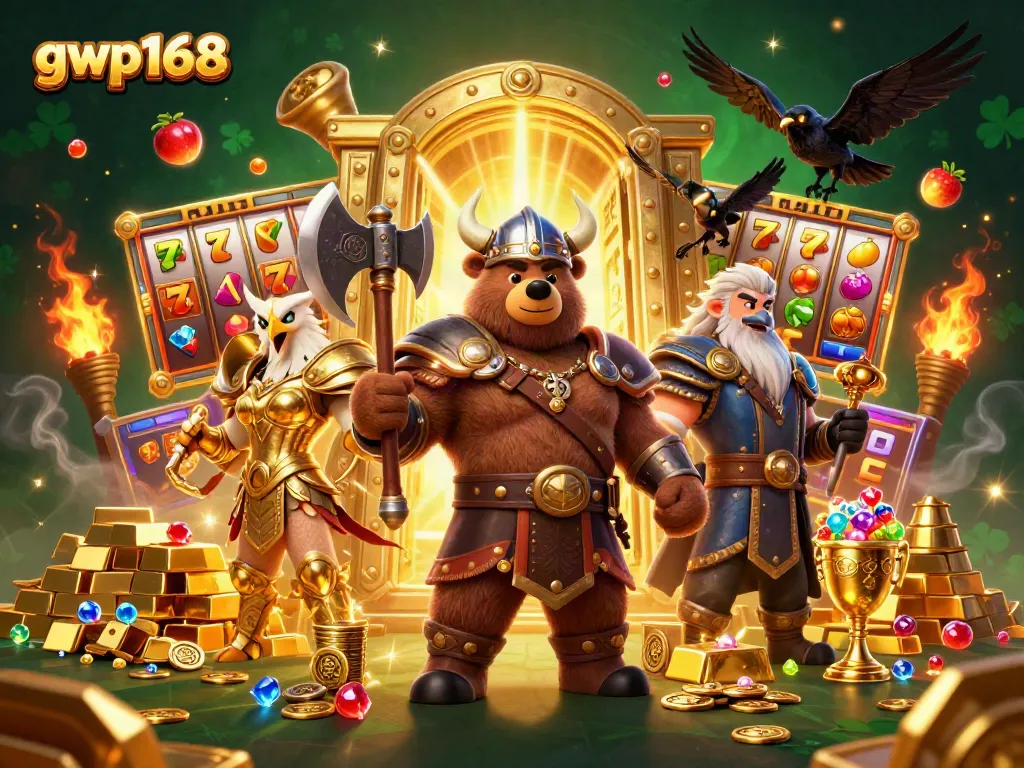 GWP168 menghadirkan ilustrasi 3D Viking dan elang yang menakjubkan, dikelilingi slot dan harta