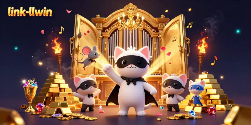 link-llwin showcases a vibrant 3D cartoon casino scene featuring animated characters amidst treasures.