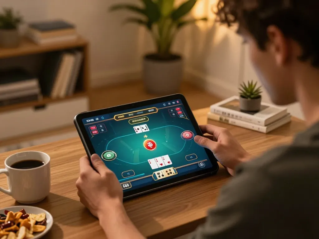 123hero engaging in a strategic online poker game with warm ambient home lighting and immersive atmosphere.