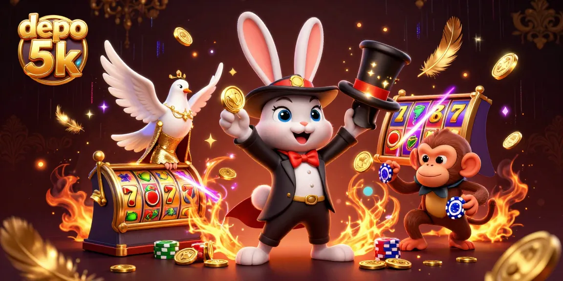 Engage in the thrills of depo 5k with a vibrant casino scene featuring a magician rabbit and playful characters.