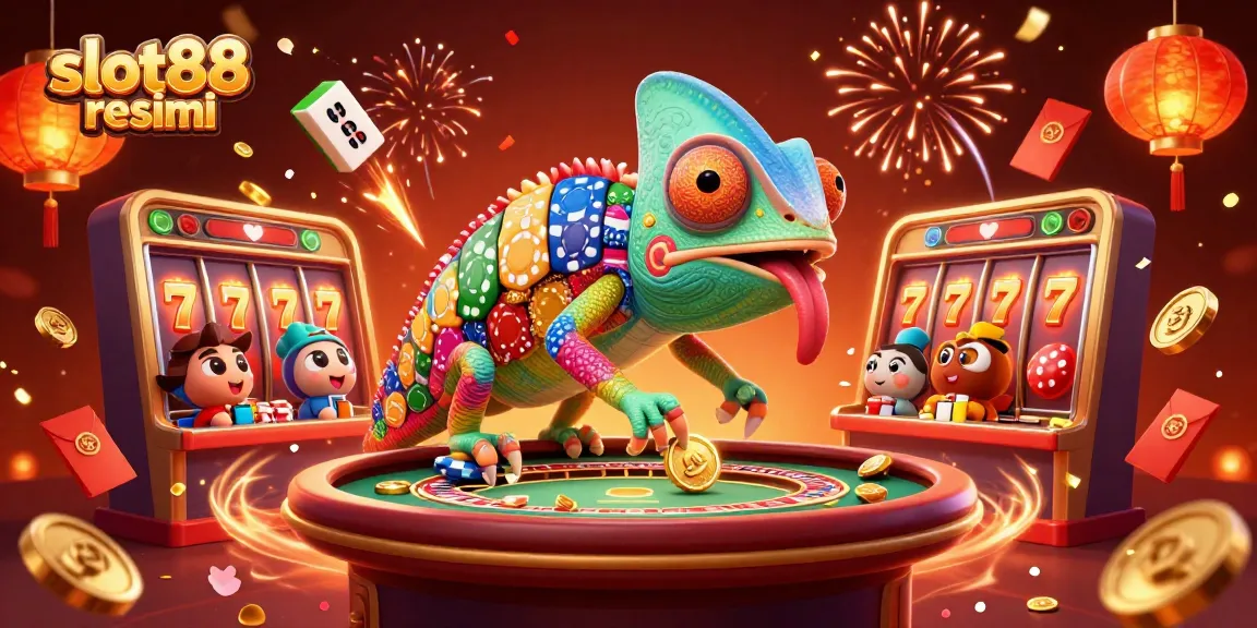 Spin to win at slot88 resmi with colorful 3D casino elements and a lively chameleon character.