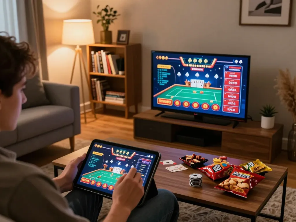 Person enjoying interactive gaming experience with nhà cái cm88 on a tablet in cozy living room setting.